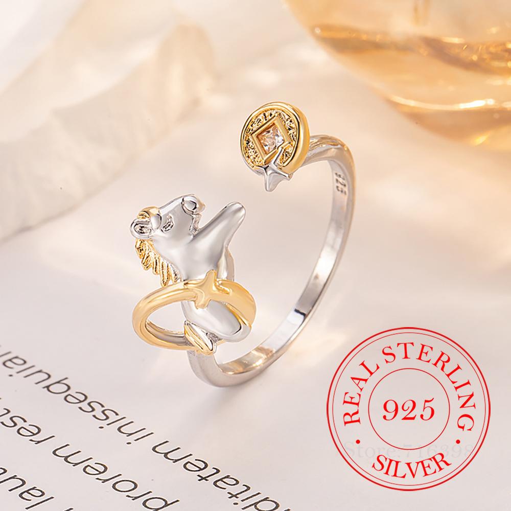 

925 Sterling Silver Jewelry Cute Horse Coin Adjustable Finger Rings for Women Wedding Party Jewelry for Girls Friend Gift resizable
