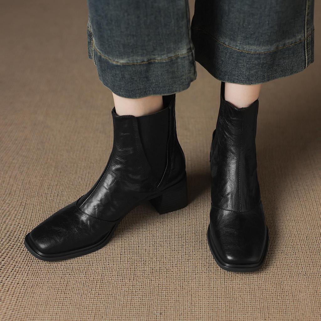 Krazing Pot Sheepskin Square Toe Med Heels Chelsea Boots Size 42 Zip Women Pleated Decoration Vintage Ankle Boots