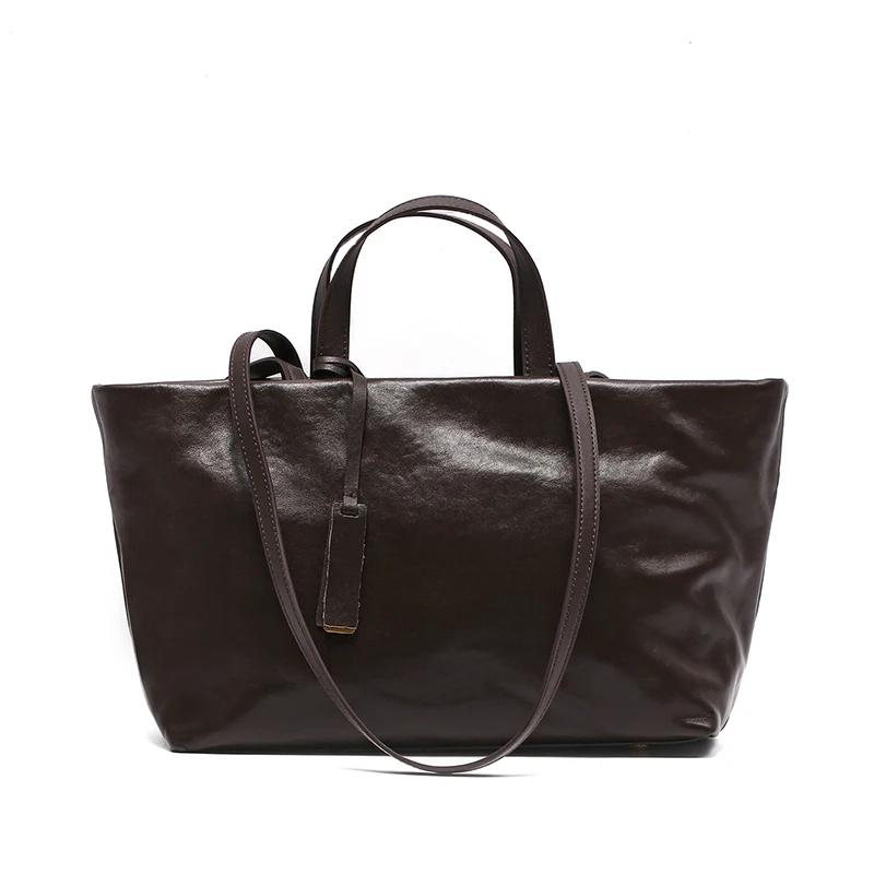 Women's Oil Wax Cowhide Genuine Leather Bag Lady Fashi Real Cowhide Bag Female Luxury Design High Capacity Commuting Handbag