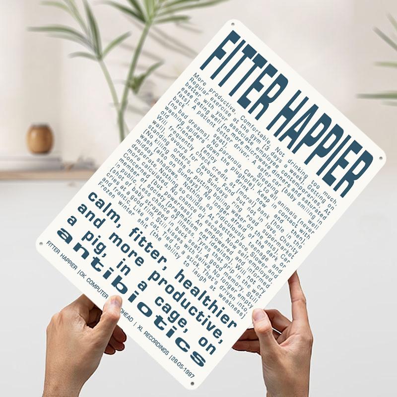 Fitter Happier Radiohead Lyrics Metal Poster Customized Wall Art Retro Vintage Tinplate Signs for Bathroom Decor Wand Deko 7.9x11.8In(20x30cm)