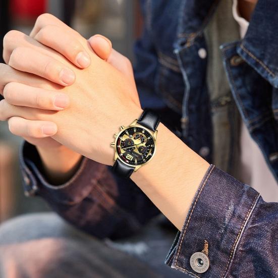 Męski zegarek kwarcowy Okrągła tarcza Kalendarz z trzema oczami Regulowany 6-pinowy pasek ze sztucznej skóry Mechaniczny bez opóźnień Wysoka dokładność Codzienny zegarek na rękę Timepieceh