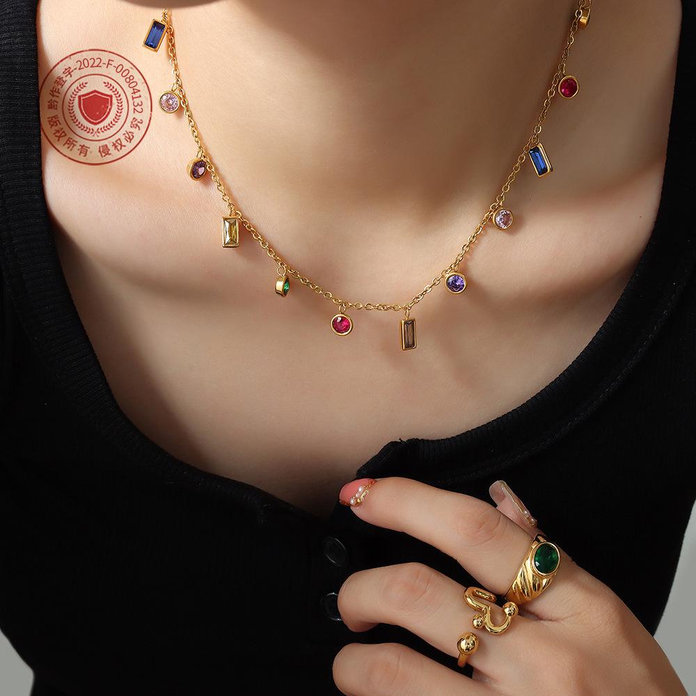 Luxury Multi-color Zircon Jewelry Set: Tassel Necklace with Niche Design Titanium Steel Bracelet