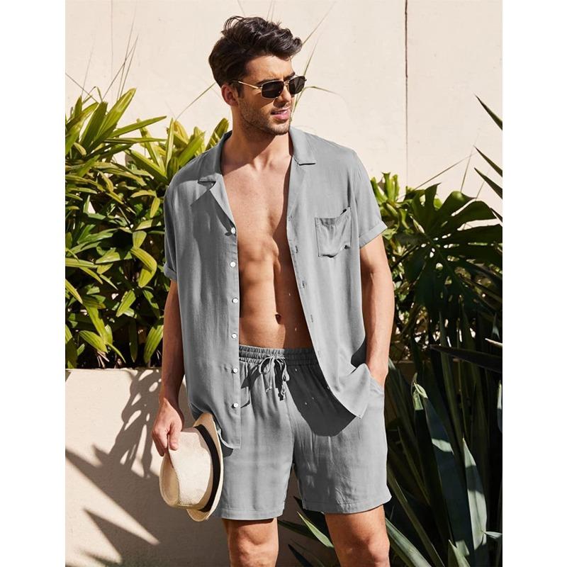 Men's Linen Short Sleeve Shirt Set Linen Summer Loose Casual Cotton and Linen Cardigan Shirt Shorts
