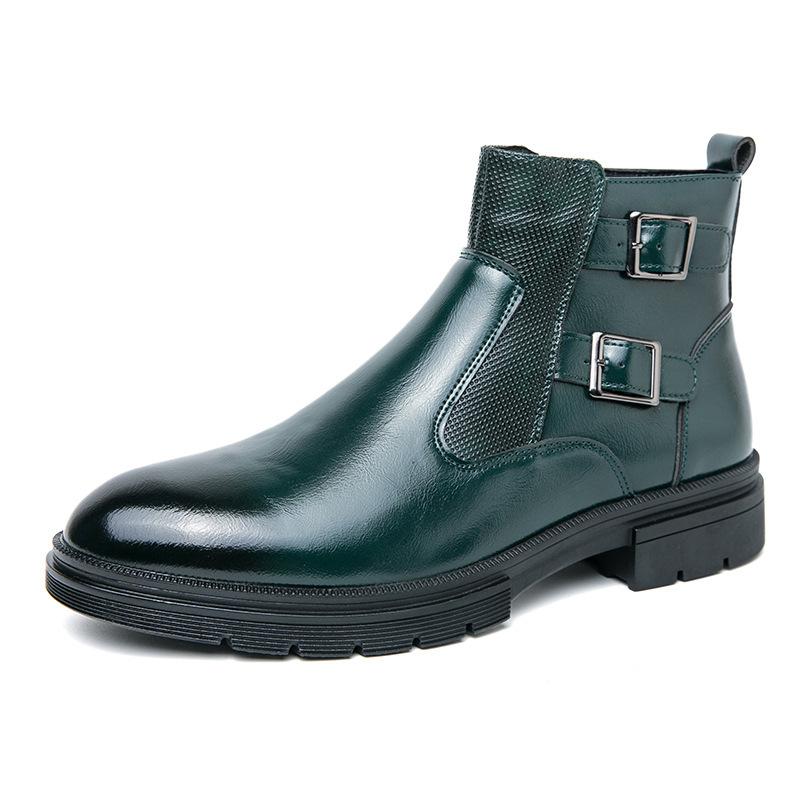 British Style Round Toe Leather Boots Men's Fashion Casual High Top Boots Buckle Slip-on Thick-soled Boots