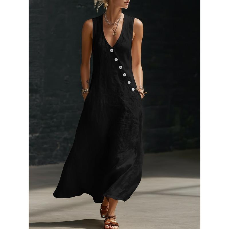 GMXIA Women's V-Neck Sleeveless Fashion Summer Spring Solid Color Print Casual Dresses