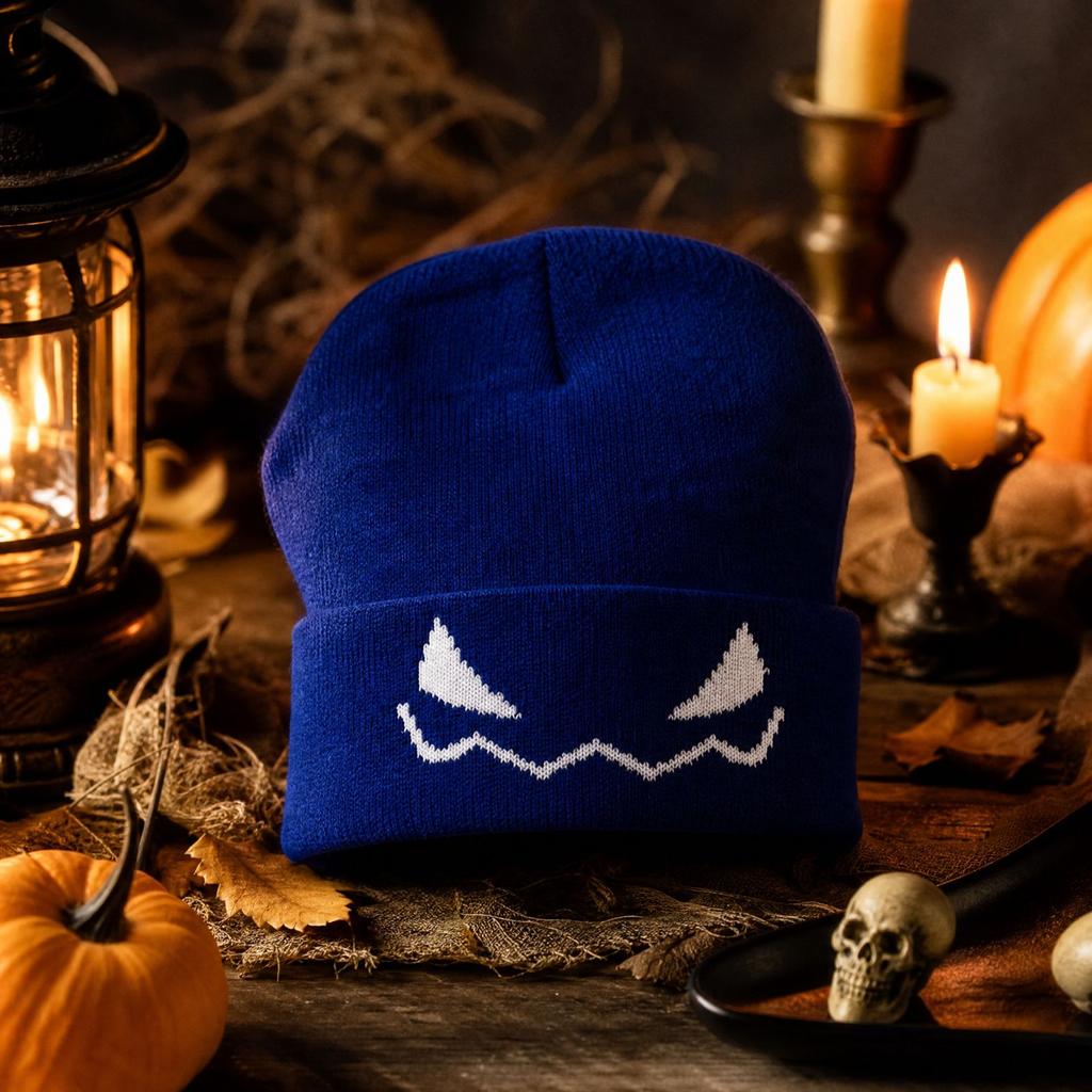 Halloween Knit Hat with Pumpkin and Devil Embroidery, Cute Trendy Winter for Women and Men