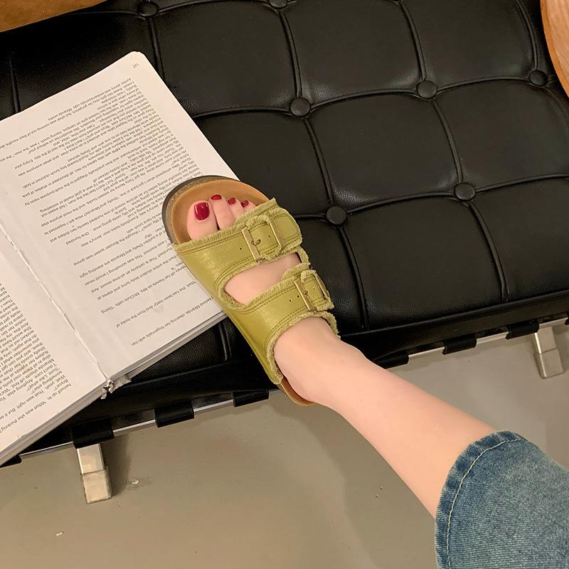 Cowhide Version Thick-soled One-word Boken Slippers for Women To Wear 2025 Summer New Models, Seaside Beach Lazy Cool Slippers