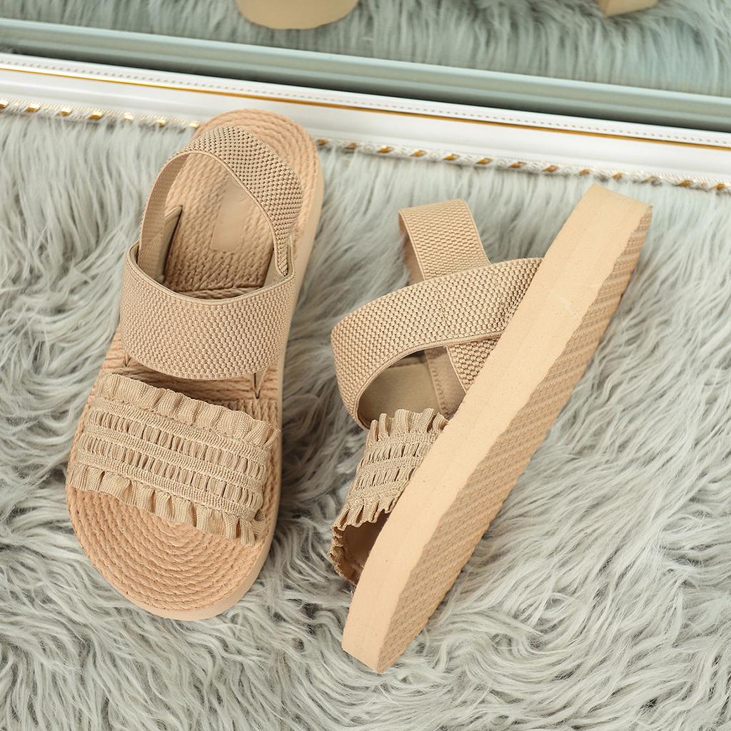 Women' & Slip-On Open-Toe Sandals with Elastic Crinkle Strap - Low Heel Sole Beach Slippers Women Shoes