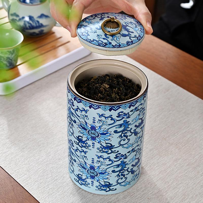 Blue and White Porcelain Tea Canister Cylindrical Candy and Dry Fruit Sealed Box Household Ceramic Nut and Dessert Storage Jar