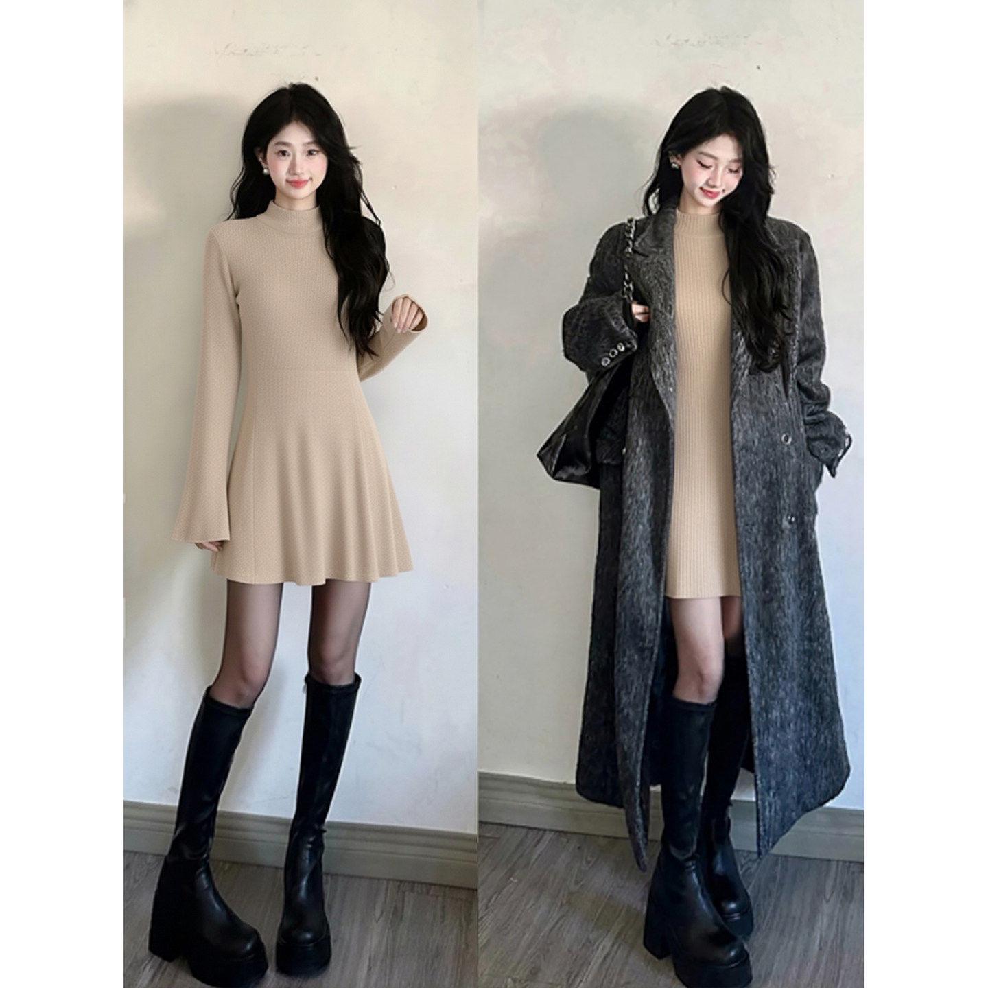 

White High-Neck Knitted Dress for Women, Short Style, Fleece-Lined, Perfect Base Layer for Autumn/Winter, Pear-Shaped Short Skirt Medium