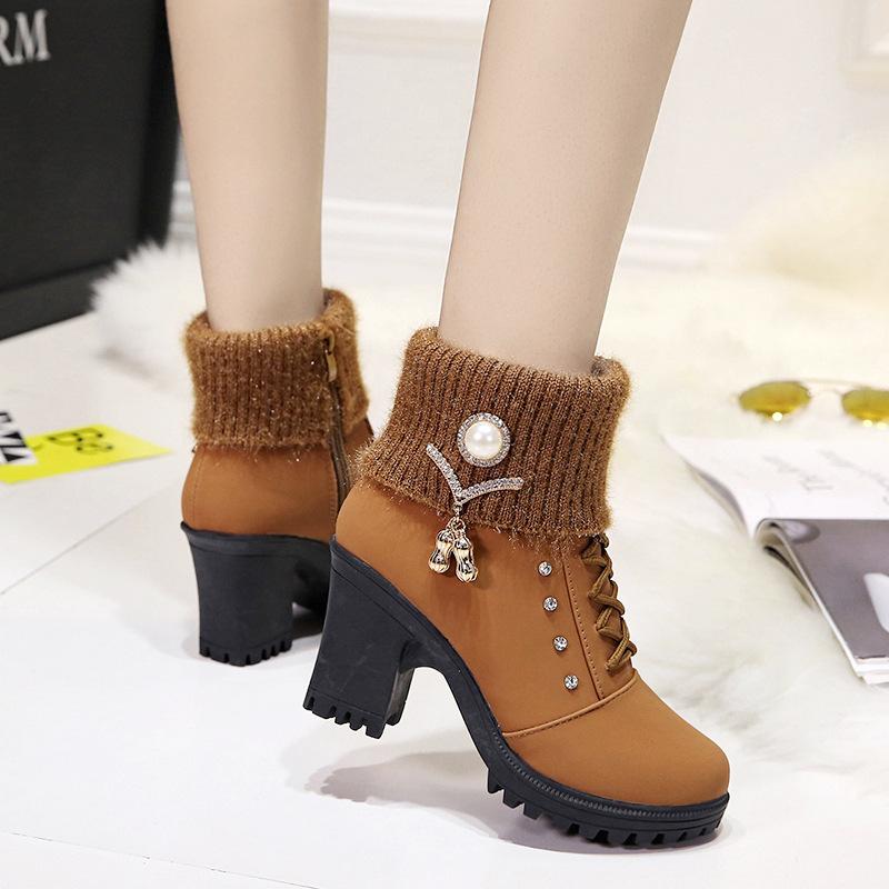 2025 Autumn and Winter Velvet Warm Women's Cotton Shoes High Heel Comfortable Metal Fashion Martin Boots Hairy Versatile Short Boots Women