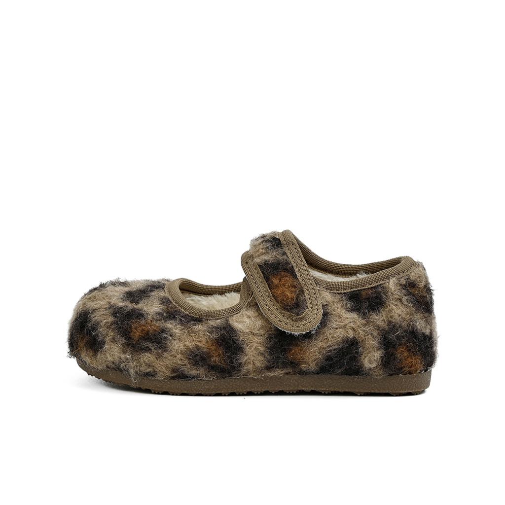 XSHX Leopard Print Woolen | Girls Mary Jane Autumn and Winter Velvet Warm Velcro Anti-skid Function Thin Bottom