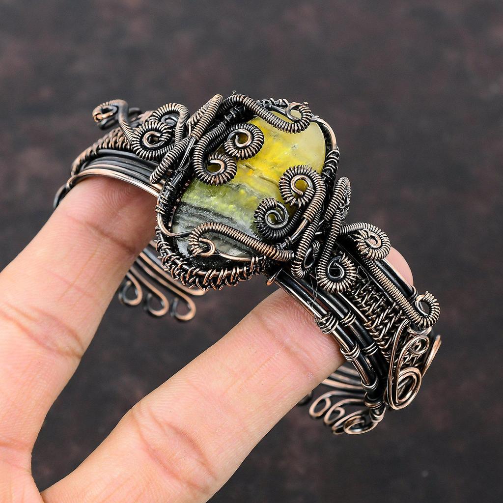 Bumble Bee Jasper Cuff Bracelet Copper Wire Wrapped Bangle Gemstone Copper Jewelry Handmade Adjustable Bangle Wedding Gift Wire Wrap Jewelry