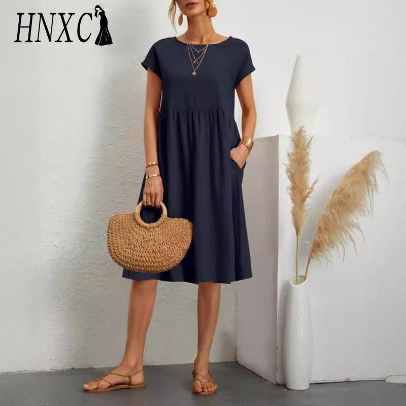 HNXC Women's Fashion Summer Spring Solid Color Print O-Neck High Waist Casual Dresses