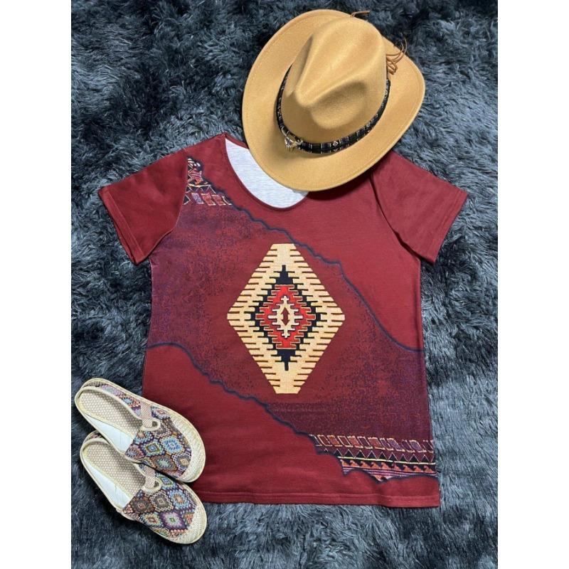 Damen Western-Stil Retro-Print Kurzarm-T-Shirt — Lässiges V-Ausschnitt-Oberteil