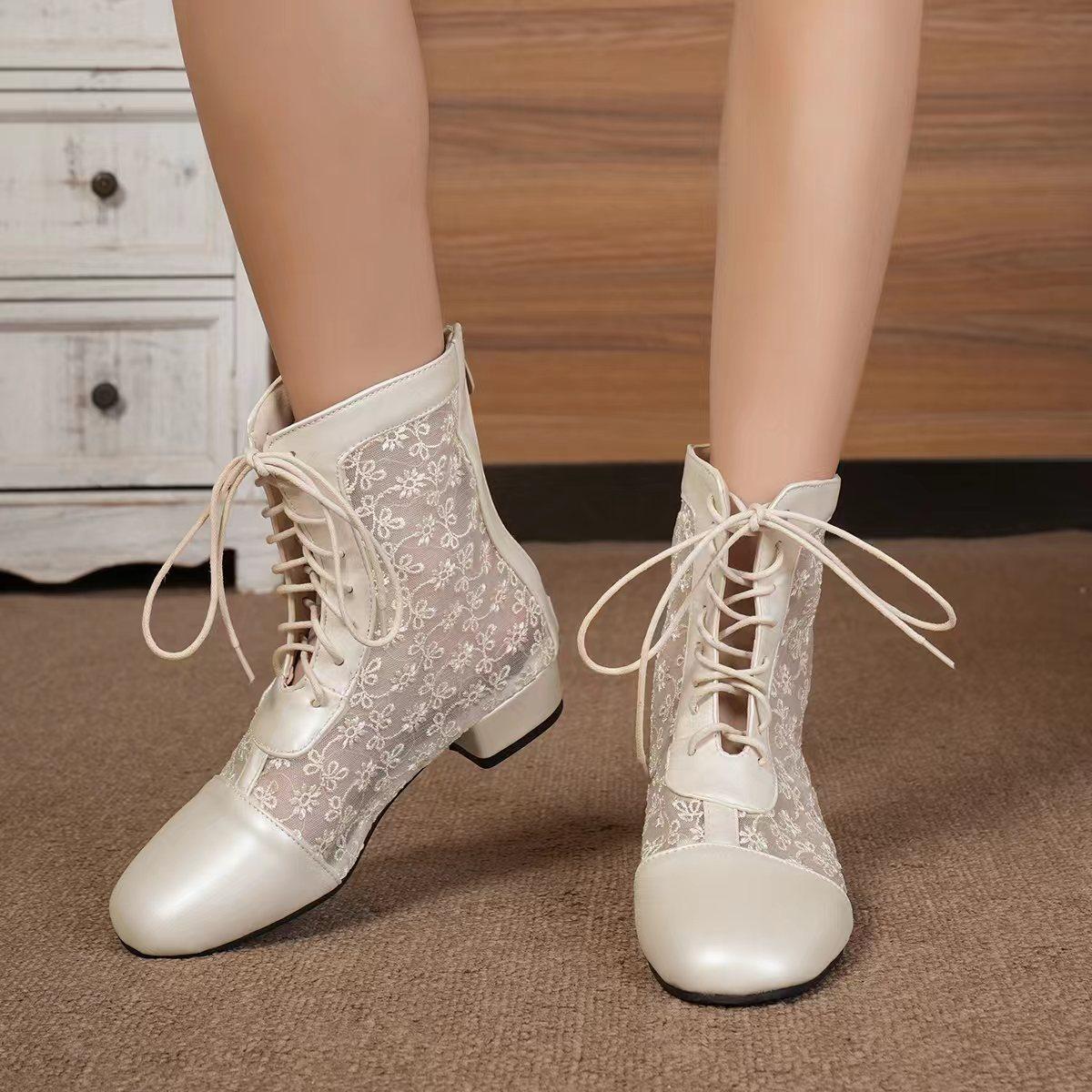 

Plus Size Round Toe Thick Heel Lace Mesh With PU Back Zipper Women s Short Boots Sexy Summer Breathable Ankle Boots 43 бежевий
