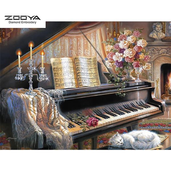 

ZOOYA DIY 3D круглая алмазная картина фортепиано и кошка вышивка крестиком домашний декор