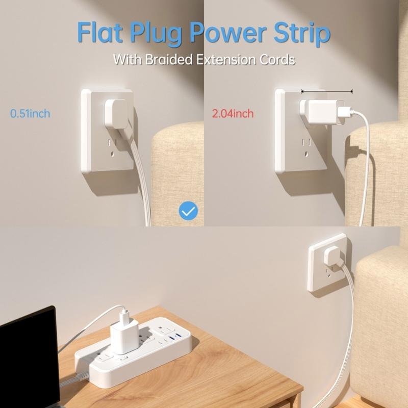 Stromleisten mit US-Stecker, 8 Steckdosen, 4 USB-Anschlüsse(2 USB-C), Geflochtenes Verlängerungskabel, Überspannungsschutz-Adapter für Zuhause