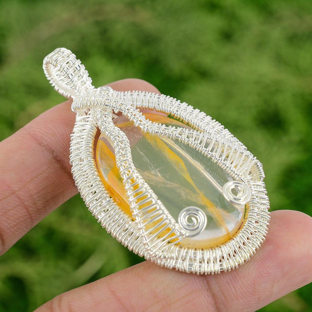 Daughters Day Sale Sterling Silver Natural Plume Agate Wire Wrapping New Pendant