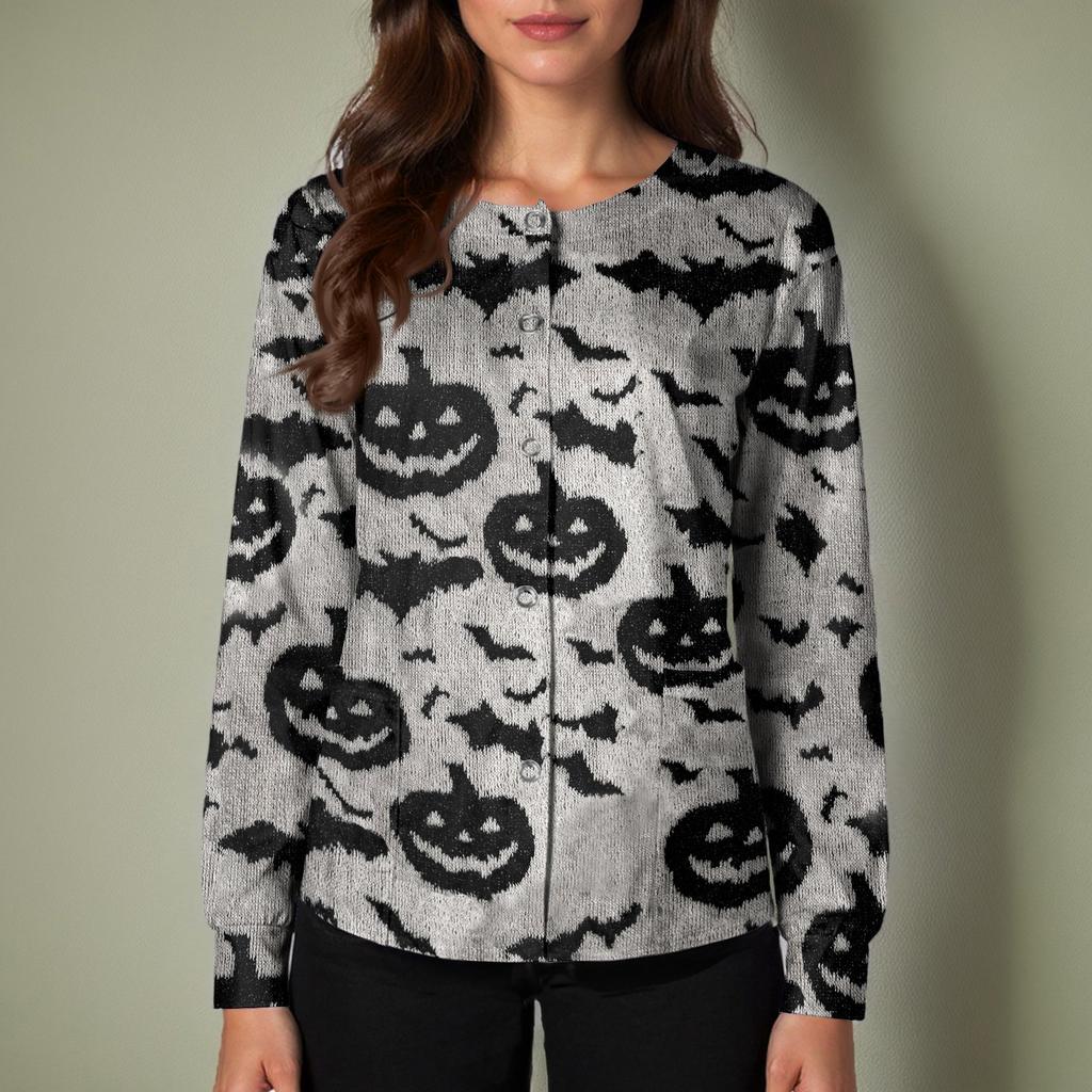 Women's Casual Long Sleeve Single-Breasted Cardigan with Halloween Print