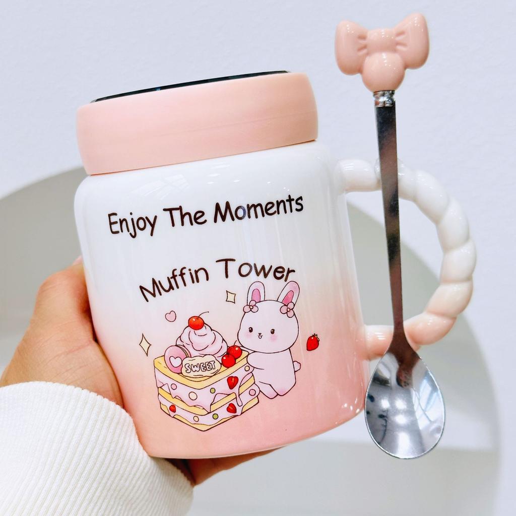 Little Rabbit Cartoon Ceramic Cup with Lid for Girls with High Temperature Mug Cute Creative Water Cup Office Gift Cup