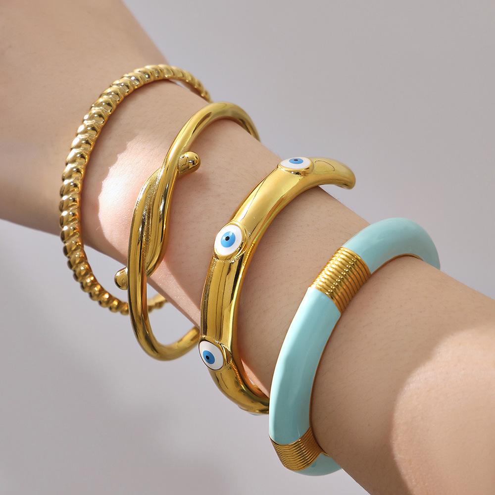 18K Gold-Plated Stainless Steel Geometric Bamboo Joint Multi-Color Cuff Bracelet Set