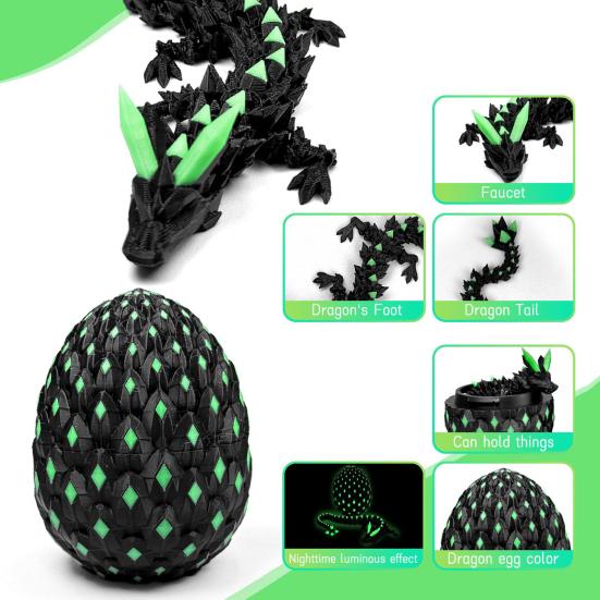 3D Printed Dragon Egg Figurine Movable Joints Luminous Loong Figure Fidget Toy Dragon Egg with Articulated Dragon Inside Decoration Ornament