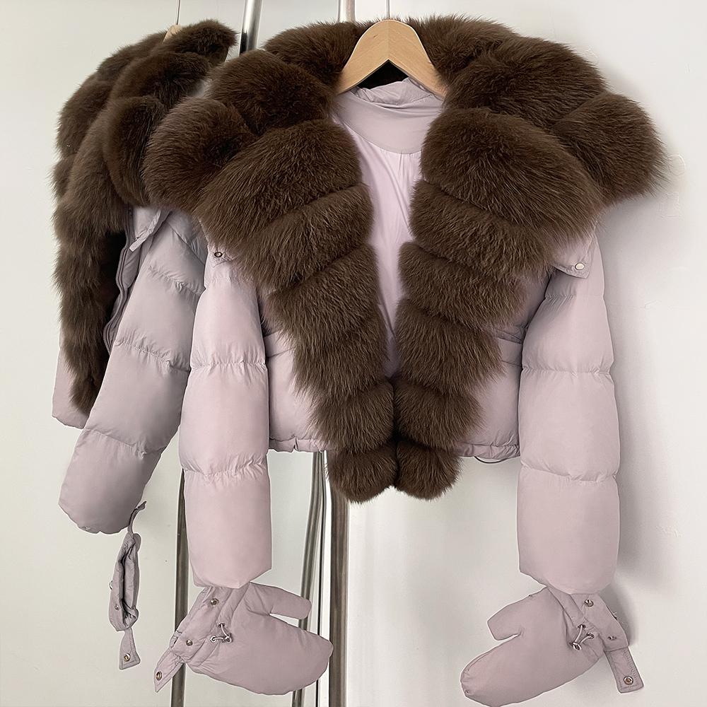 OFTBUY New Winter Top Clothes Women Short Hooded Big Real Fox Fur Down Coat Female Natural Fur Fluffy Puffer Jacket with Gloves
