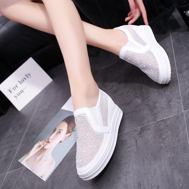Fashion Comemore White Shoes Spring and Summer Wedge High Heels Women's Vulcanize Shoes Mesh Breathable Round Head Rhinestone Loafers