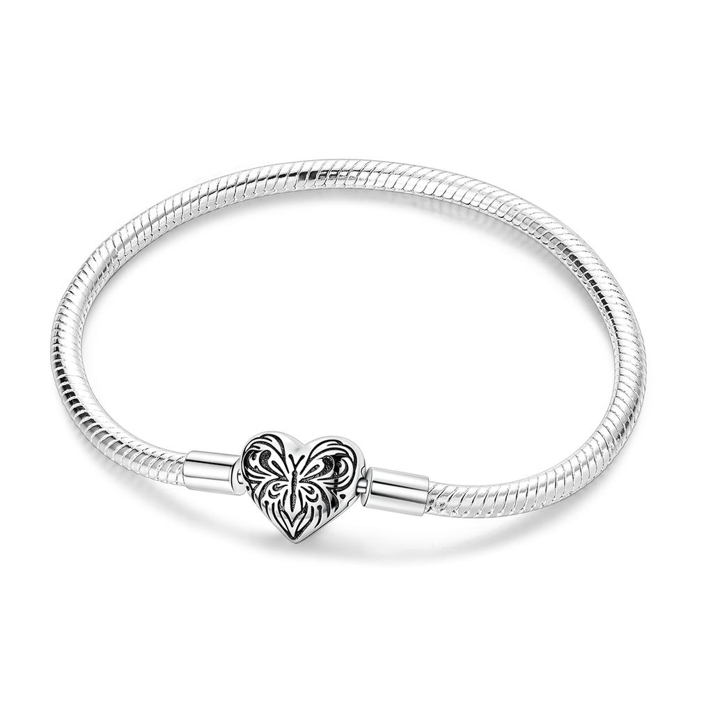 925 Silver Heart Charm Bracelet with Snake Chain for Women DIY Bead Jewelry