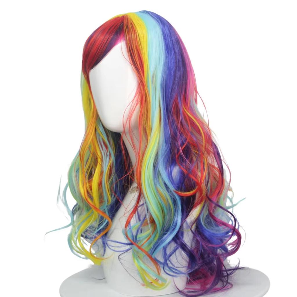 Fashion Rainbow Color Wave Long Curly Hair Fiber Synthetic Wig Anime Party Holiday Cosplay