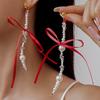 Imitation Pearl Glass Streamer Bow Fringed Silver Needle Earrings Personalized Earrings