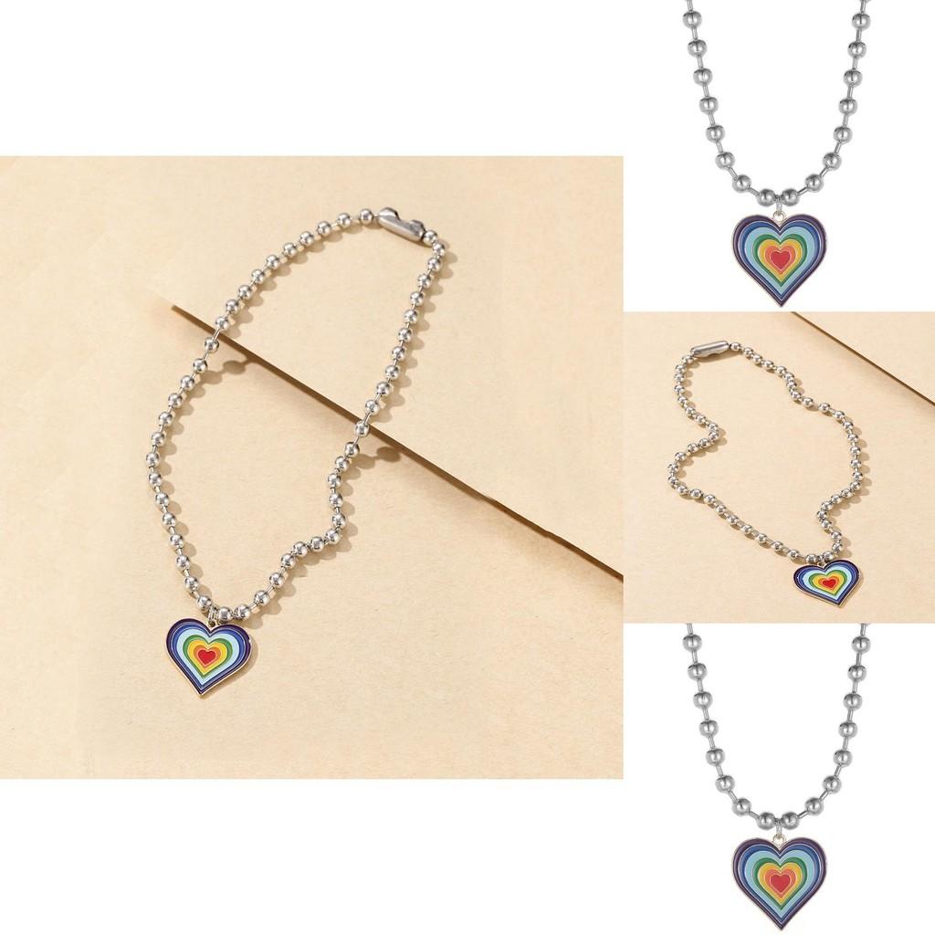 Stylish Multicolor Heart Pendant Necklace With Trendy Beaded Chain For Women