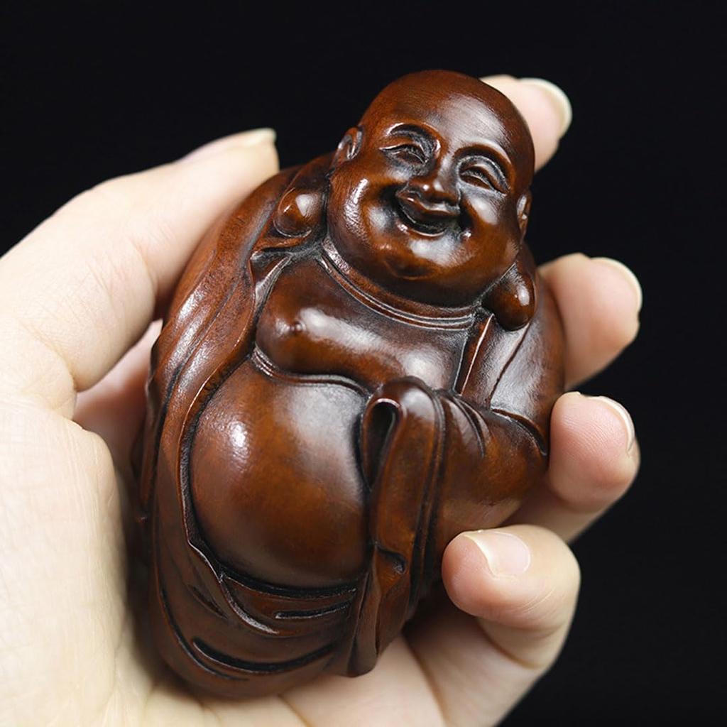 Sieben Glücksgötter Schmuckstück Holzschnitzerei Hotei Buchsbaumholz Antikfarben Buddha Statue Mini Hotei Schmuckstück Geldglück Amulett 8cm x Breite 5cm x Tiefe