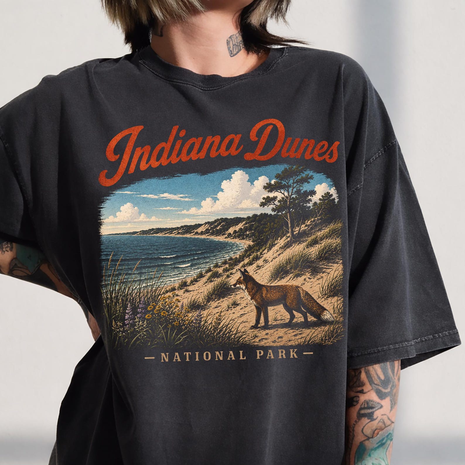 Indiana Dunes National Park Shirt, Vintage Lake Michigan Tee, Retro Beach Fox Graphic, Coastal Adventure Gift, Lakeshore Wildlife Tee 4XL