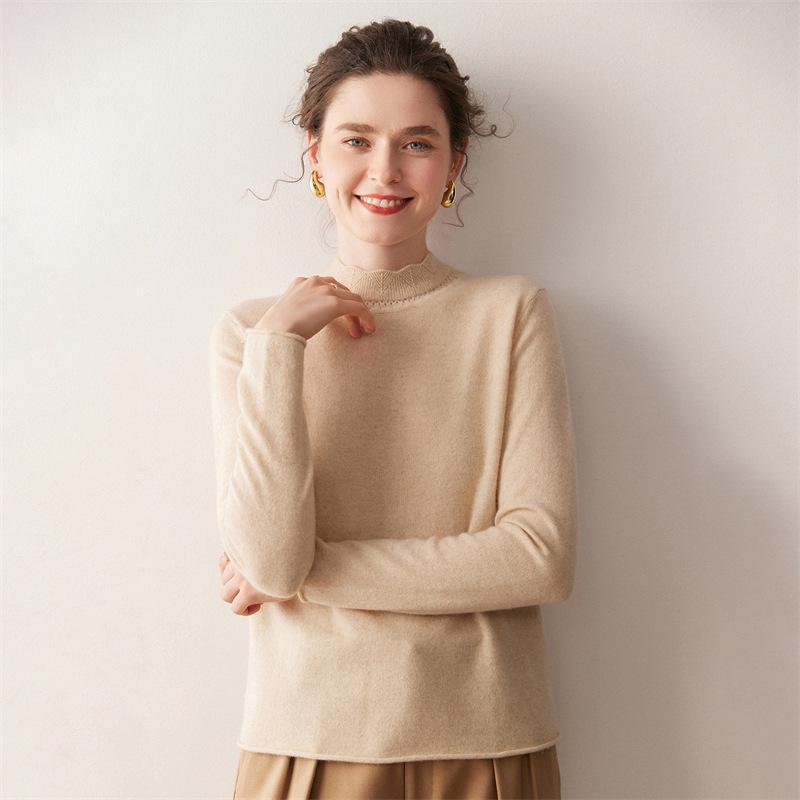 2025 Fall/Winter Women's Versatile Solid Color Cashmere Knit Sweater - Long Sleeve Base Layer