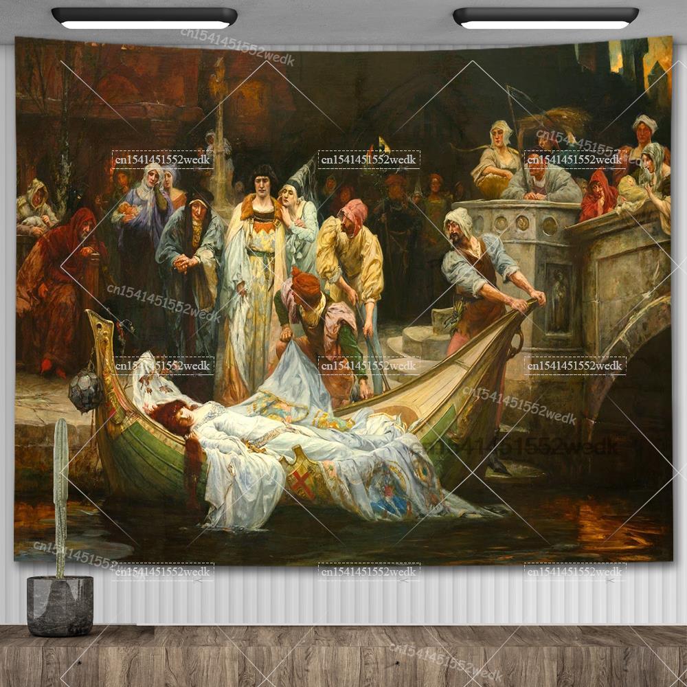 John William Waterhouse Artworks The Lady of Shalott Tapestry Wall Hanging Oil Paintings Home Decoration Aesthetic Tapestries
