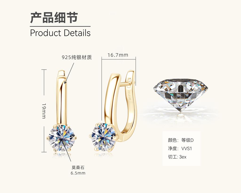 Silvere Glam Best-selling, Fashionable And Versatile Classic Six-prong Moissanite Earrings With Ear Buckles And Simple Silver Earrings