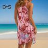 Women Beach Dress Sling Sleeveless Loose Waist Mini Dress Ocean Pattern Summer Vacation Dress Holiday Outfit