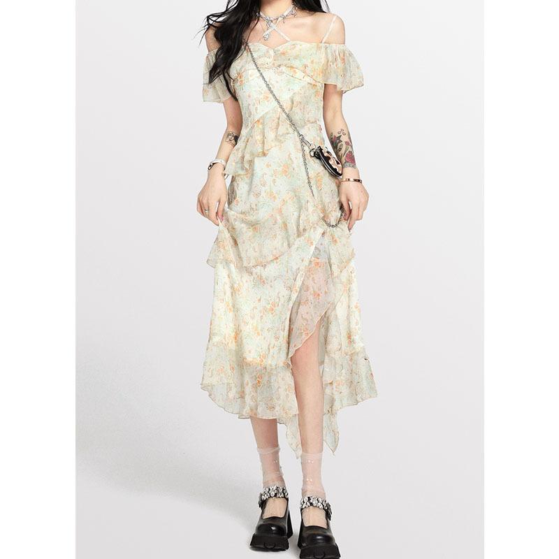 

Платье на подтяжках с цветочным принтом, женское сладкое ветровое романтическое шифоновое платье неправильной формы, длинная юбка с короткими рукавами L жёлтый