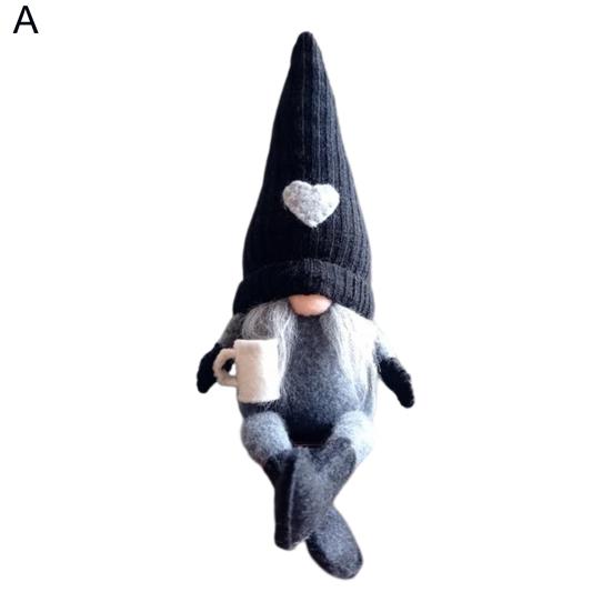 Christmas Plush Doll Knitted Heart Hat Grey Whiskers/Braid Coffee Mug Long-legged Handmade Home Decor Xmas Tabletop Faceless Gnome Stuffed