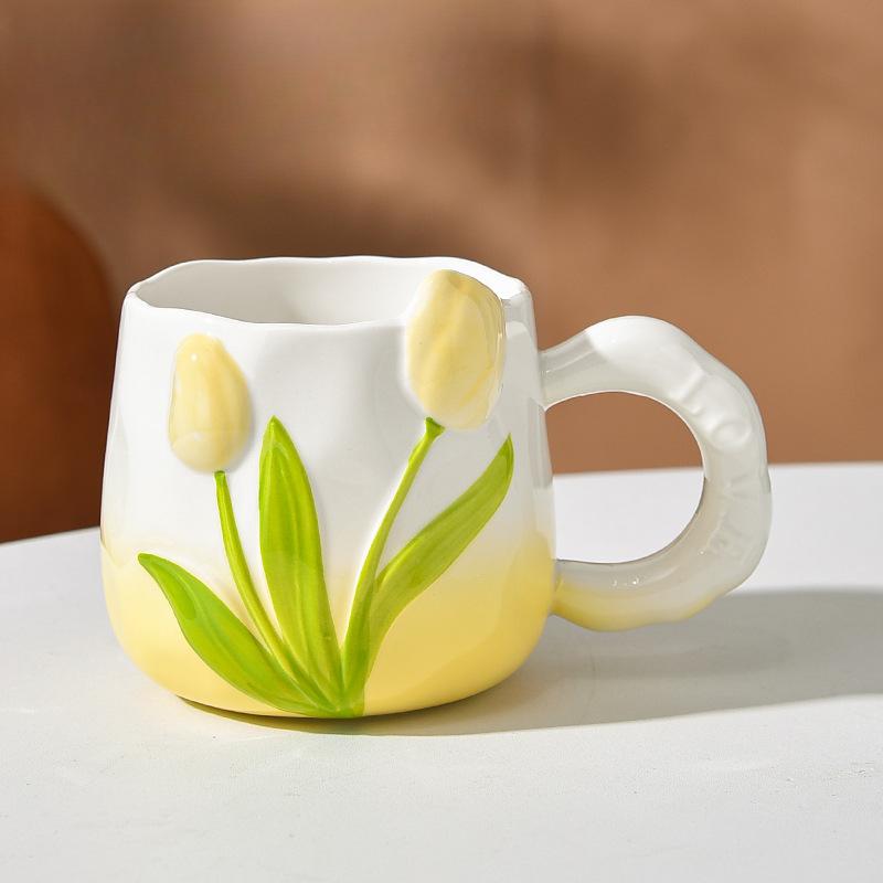 Hand Painted Ceramic Cup Three Dimensional Relief Cup Tulip Cup Flowers Mug with Handle Bestie Cup Souvenir