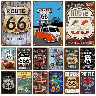 Cartel de chapa metálica decorativa retro de la Ruta 66 para pared, diseño de coche, estilo vintage, para decorar habitaciones.