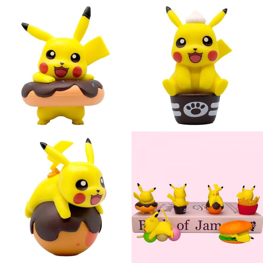 Conjunto de Exibição de Mesa Temático de Comida Pikachu Fofo Apresentando Hambúrguer Donut e Batatas Fritas