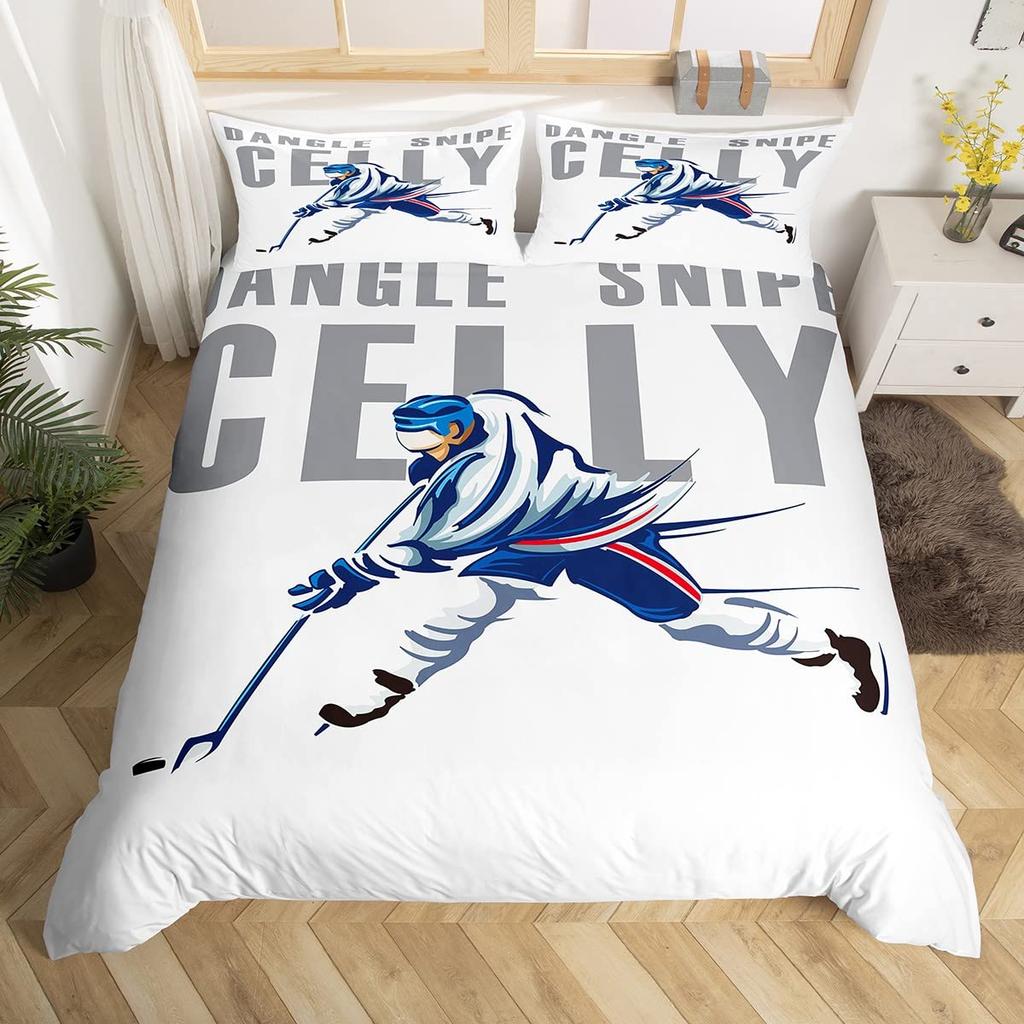 Capa de Edredom Graffiti Hóquei no Gelo Conjunto de Cama Esporte de Inverno Crianças Meninos Jogador de Hóquei Capa de Edredom Aquarela Esportes Capa de Colcha