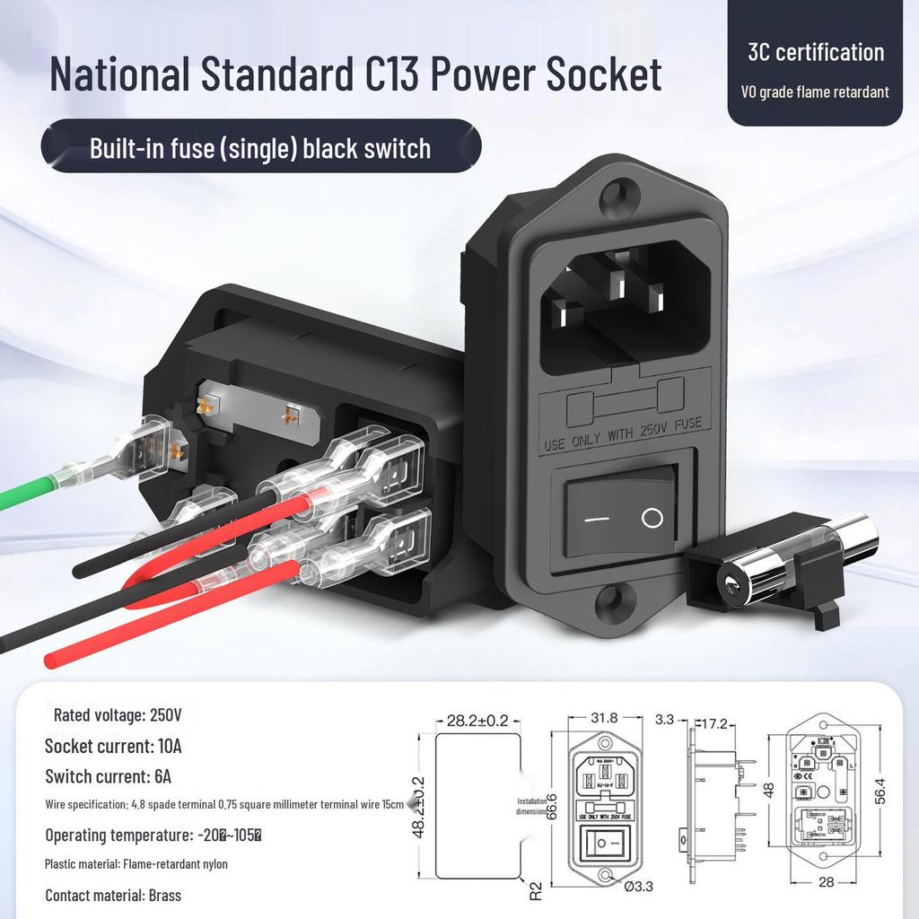 3-in-1 Type C Power Socket with Fuse, Switch, and 3-Pin Convex Surface, 10A/250V