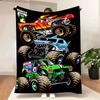 Vibrant Monster Truck Throw Blanket - Featuring Red/Yellow, Blue Shark, and Green Skull Trucks, Bold Cartoon Art , Perfect As a