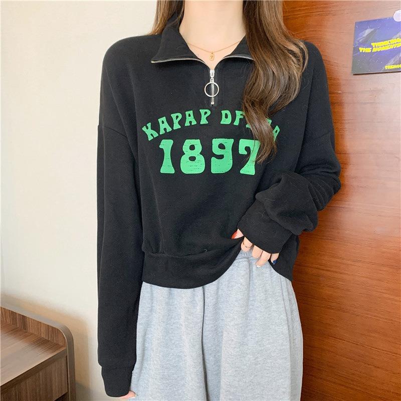 

Real shot short Plo collar sweater women s thin new early autumn long sleeve loose sports top jacket tide 2XL чёрный