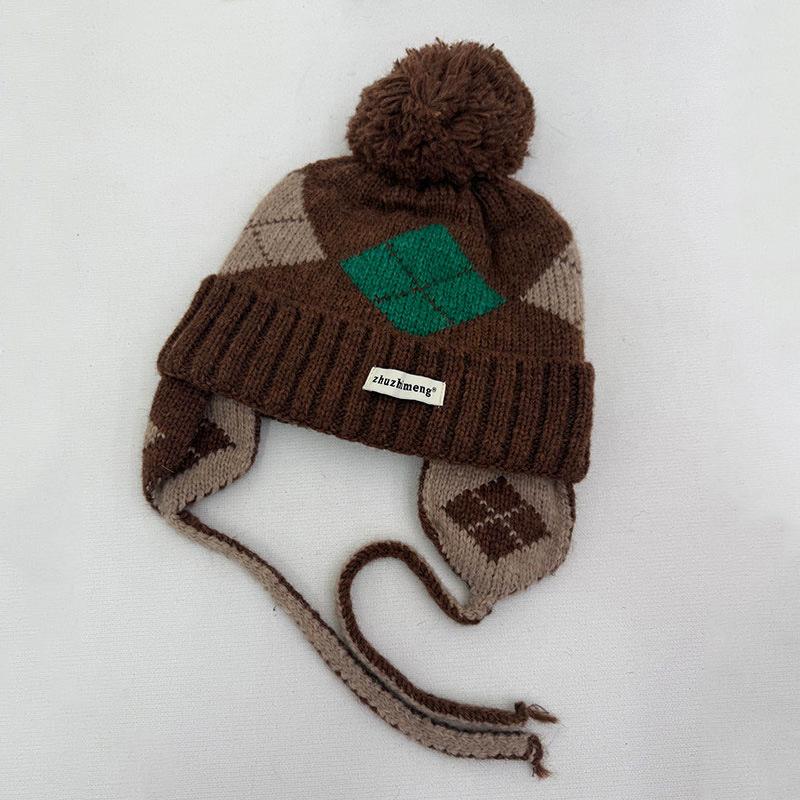 Autumn and Winter Sweet Ear Protection Knitted Hat Children's Colorful Rhombus Plaid Simple Wool Hat Warm Bald Hat