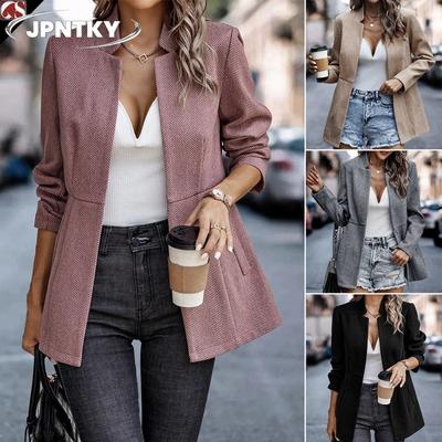 JPNTKY Women's Vintage Casual Solid Color Print Autumn Winter Long Sleeve POLO Neck Jackets & Coats